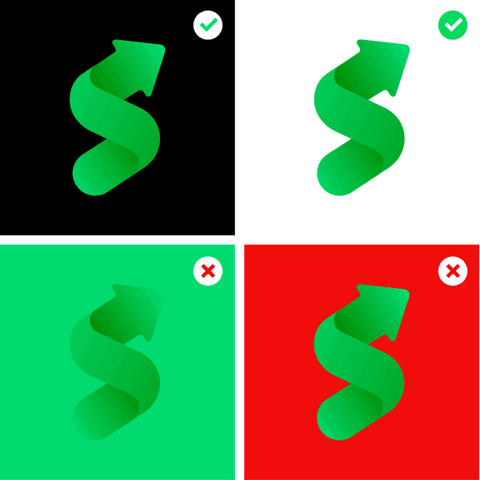 Corretto: icona su nero o bianco. Errato: icona su sfondi verde brand o rosso.