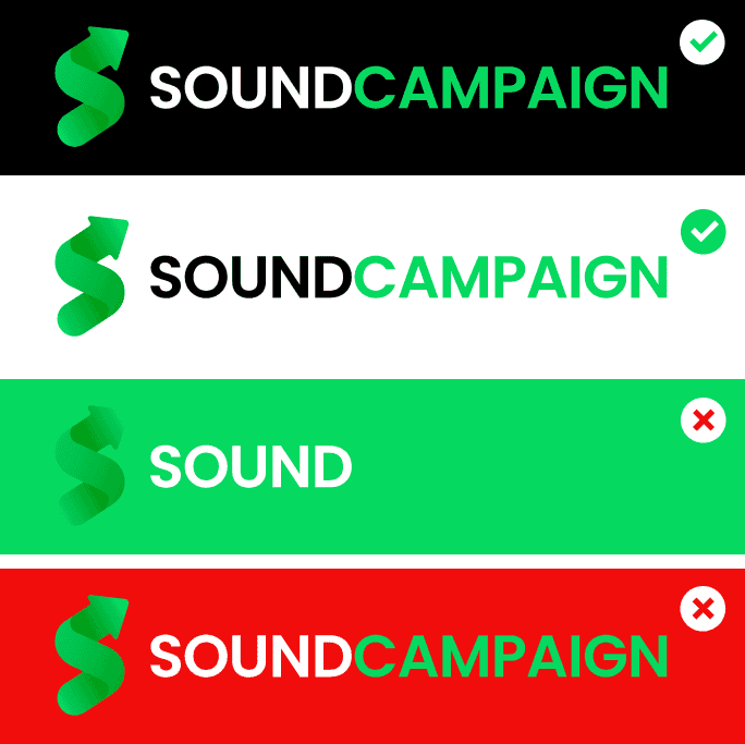 Correct: full two-tone wordmark on black or white. Incorrect: cropping to one word, or recoloring onto a clashing background.
