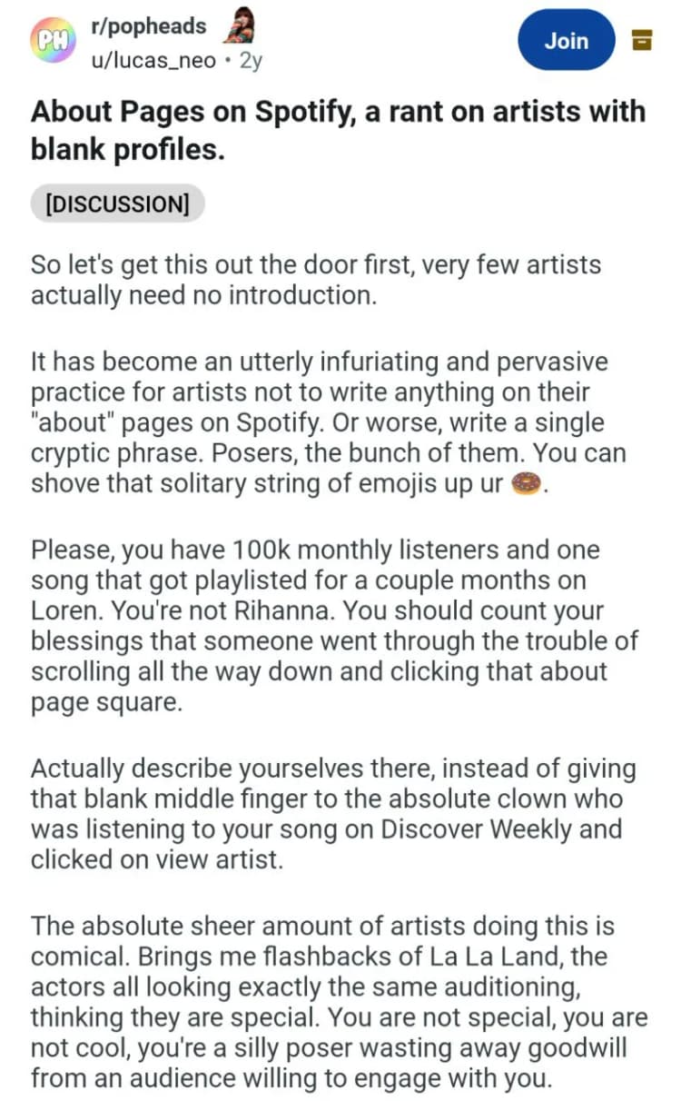 A Reddit user ranting about artists who don't write their about pages