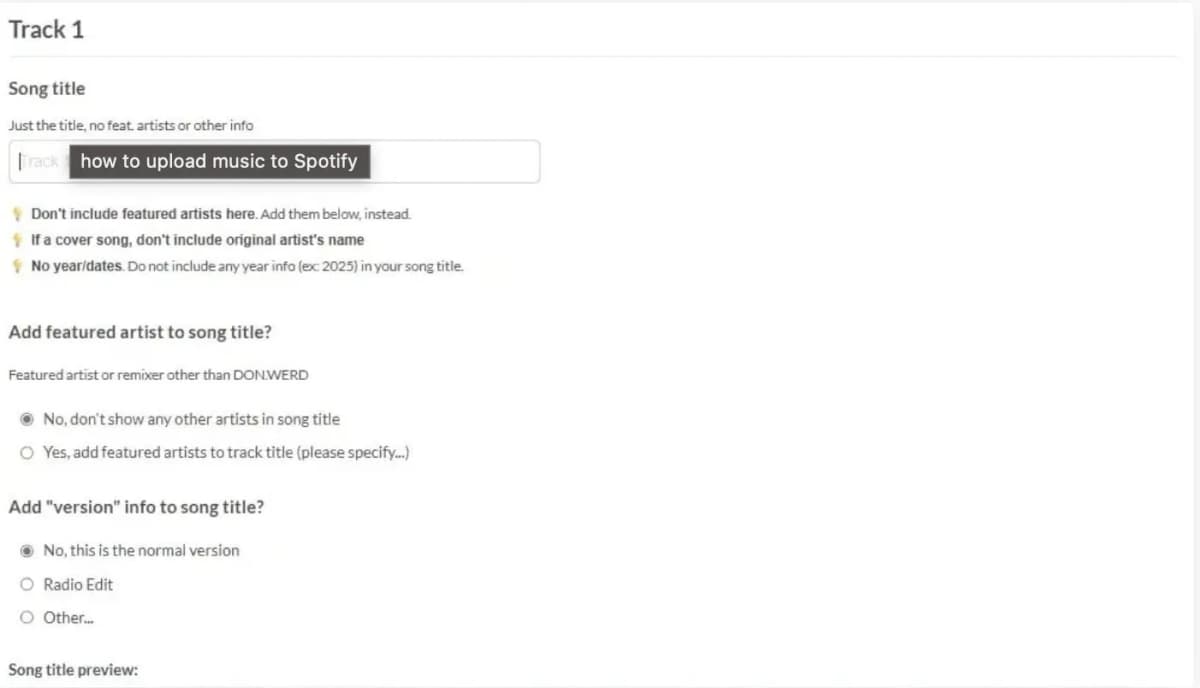 Adding song title while uploading music on distrokid