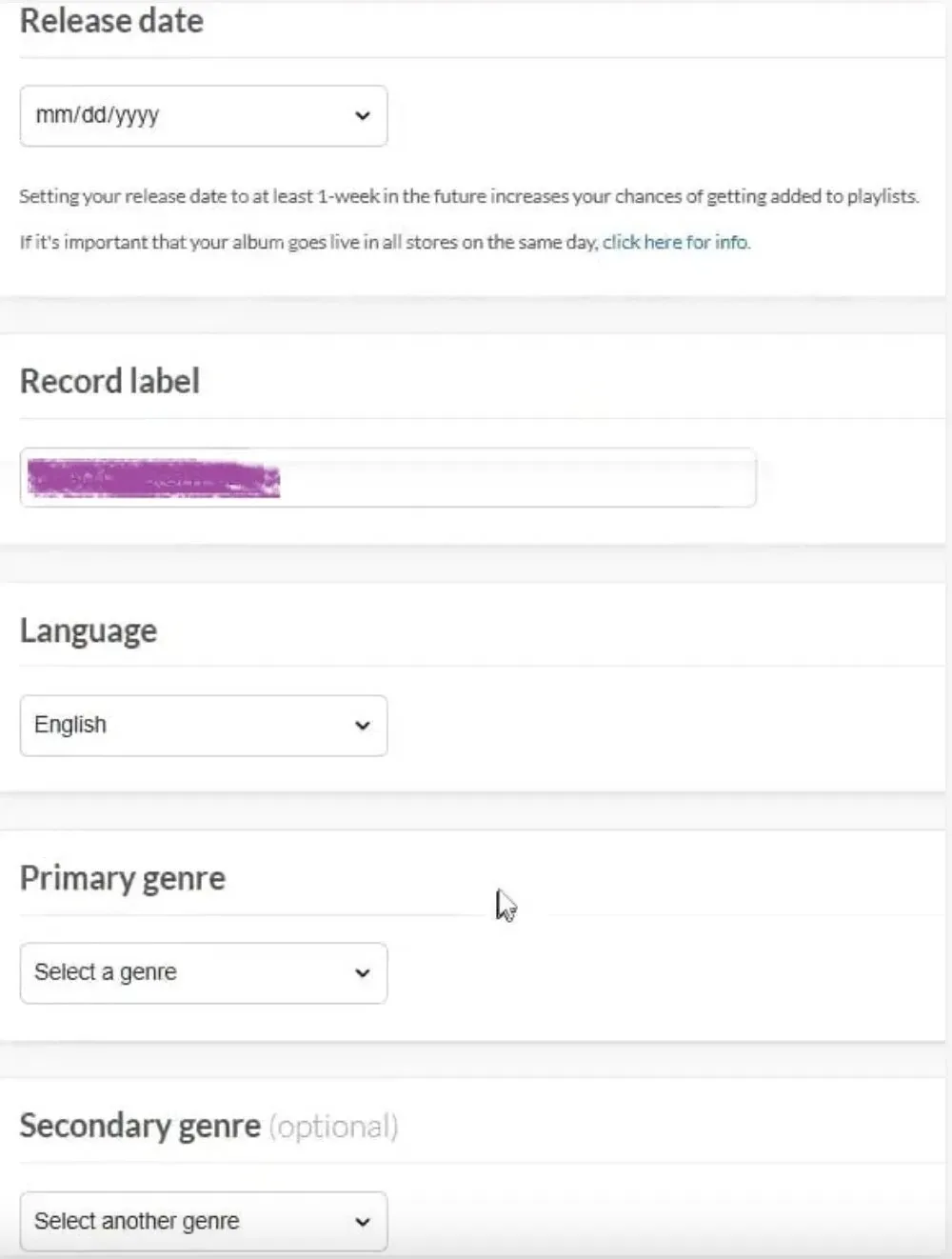 Album release information filling in distrokid