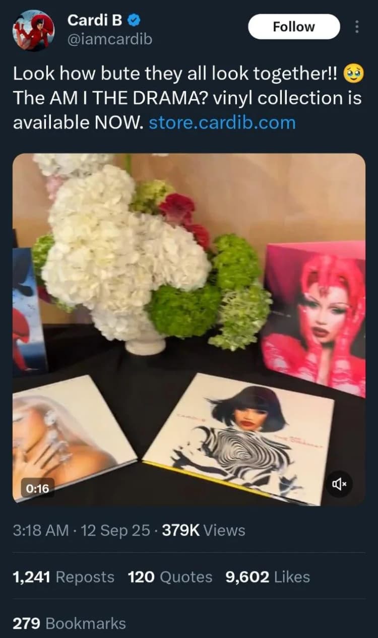 Cardi b am i the drama vinyl collection tweet for promo
