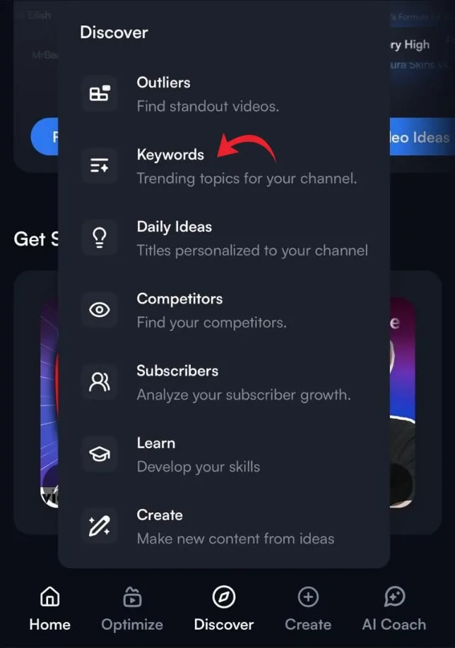 Discover keywords menu
