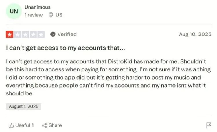 Distrokid account access issue discussed on trustpilot