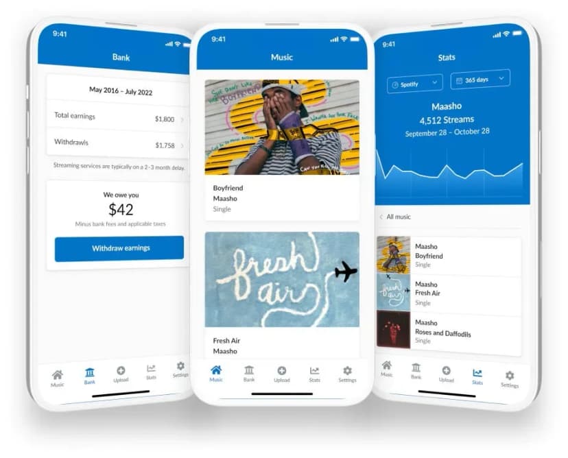 Distrokid mobile app streaming and revenue report dashboards