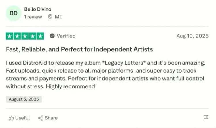Distrokid review from top independent artists on trustpilot