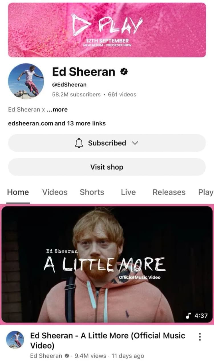 Ed sheeran youtube home layout