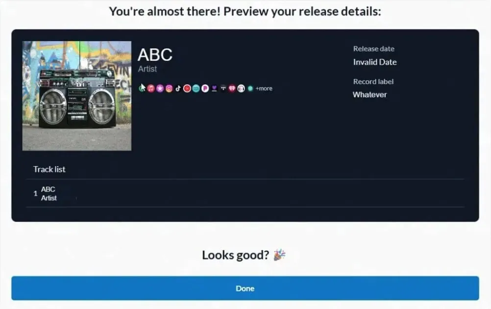 Finalizing upload on distrokid