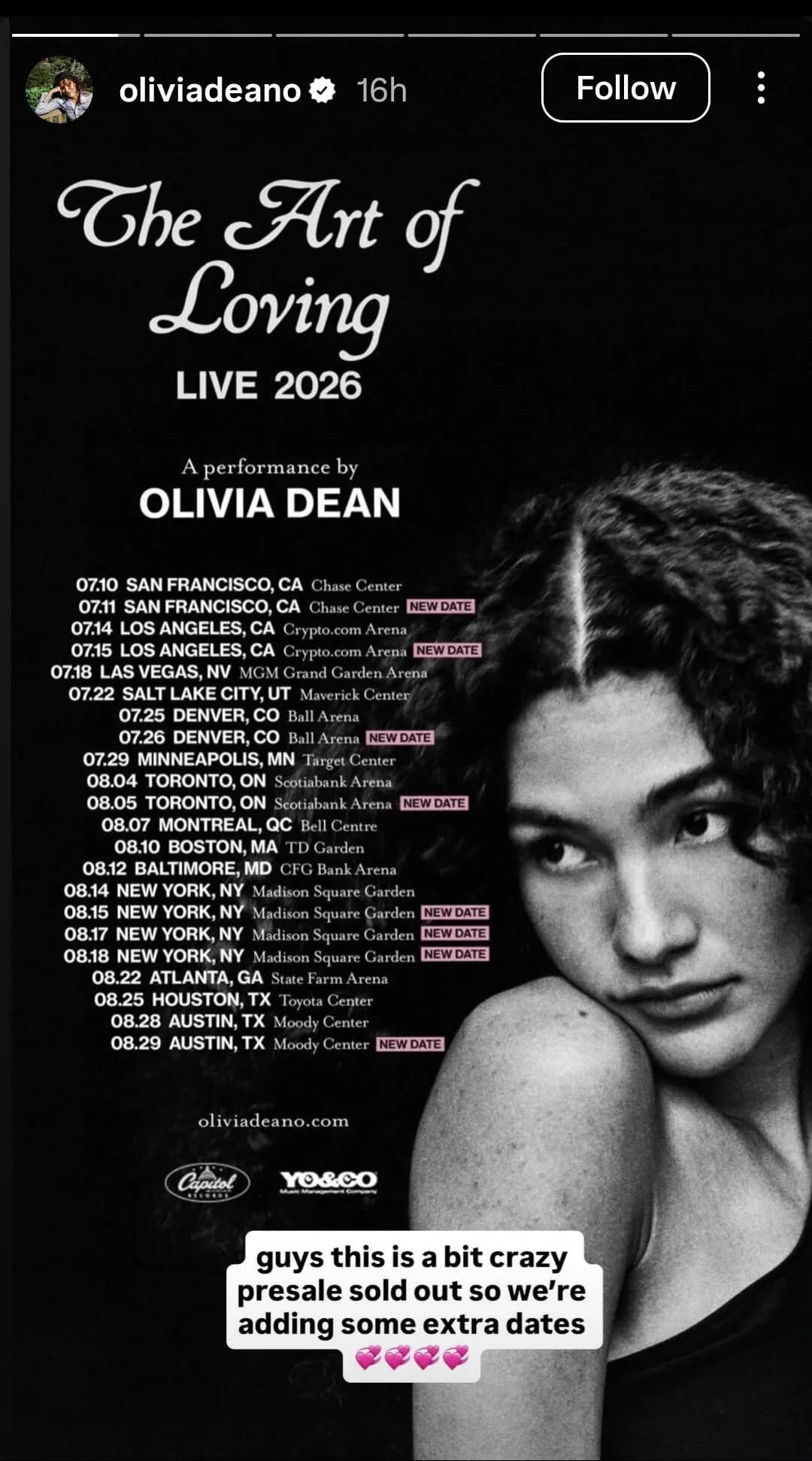 olivia dean instagram stories music tour dates
