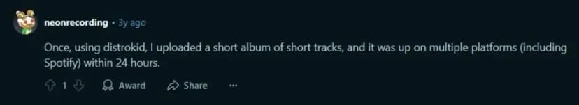 Reddit user distrokid music upload experience