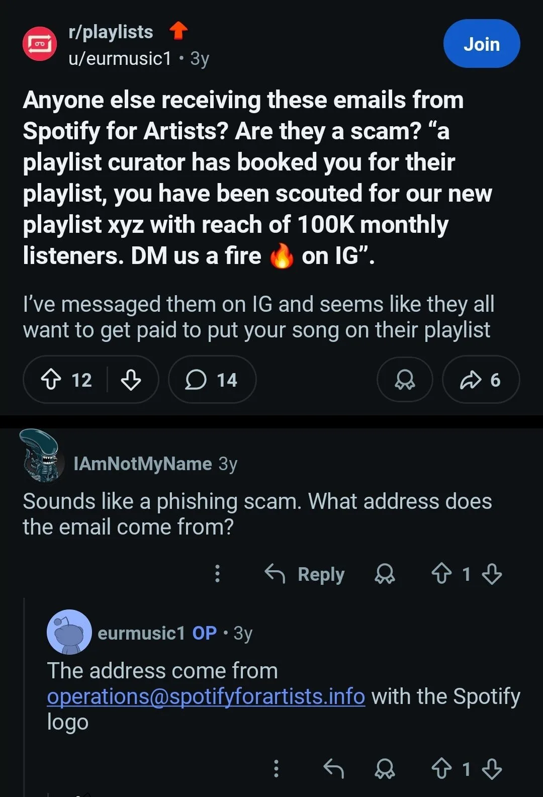 spotify fake playlist curator scam message reddit