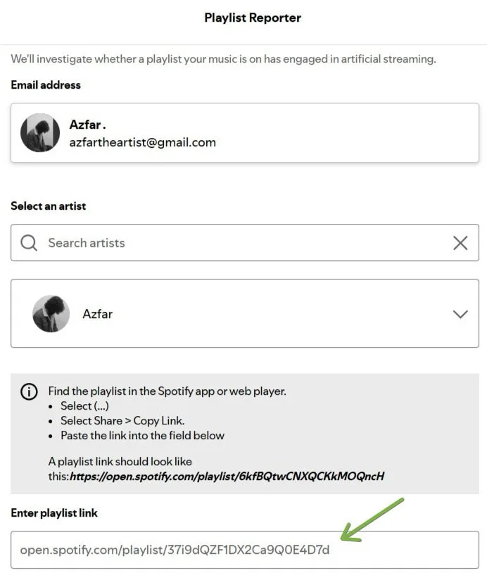 Spotify playlist reporter form submit