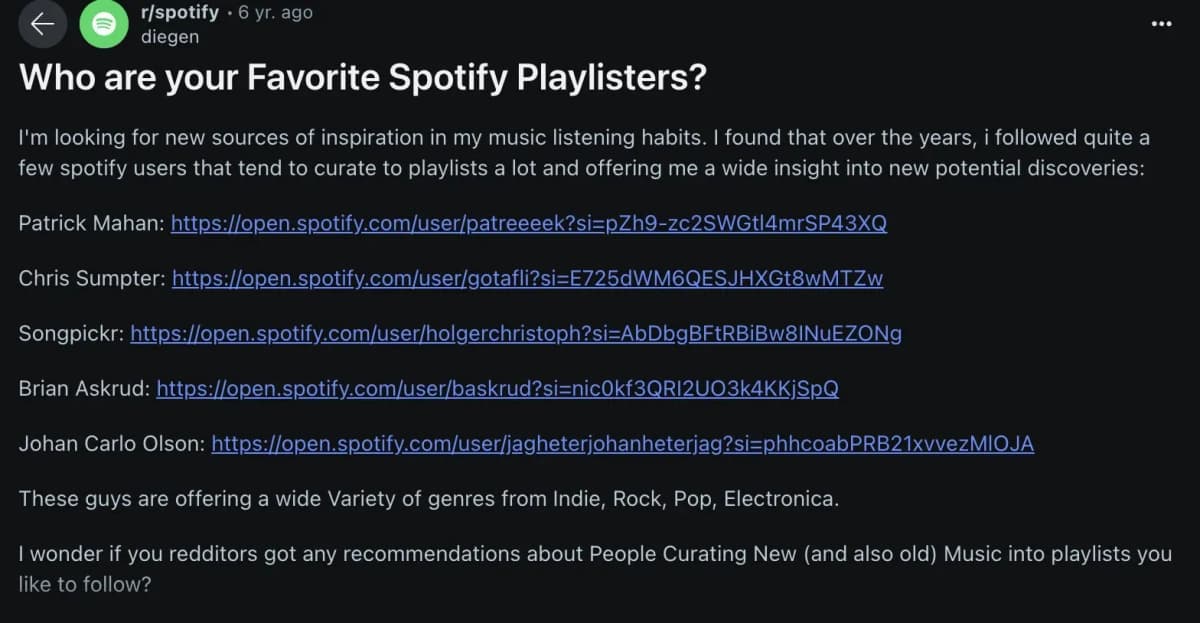 Ask Reddit community to recommend their favorite playlists and playlist curators.