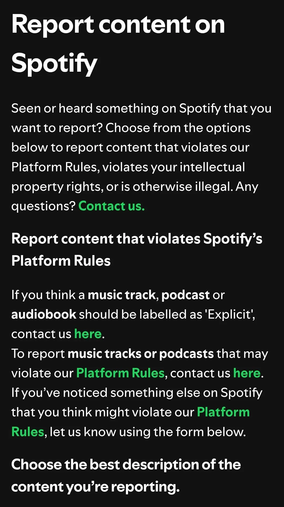 spotify report content form platform rules
