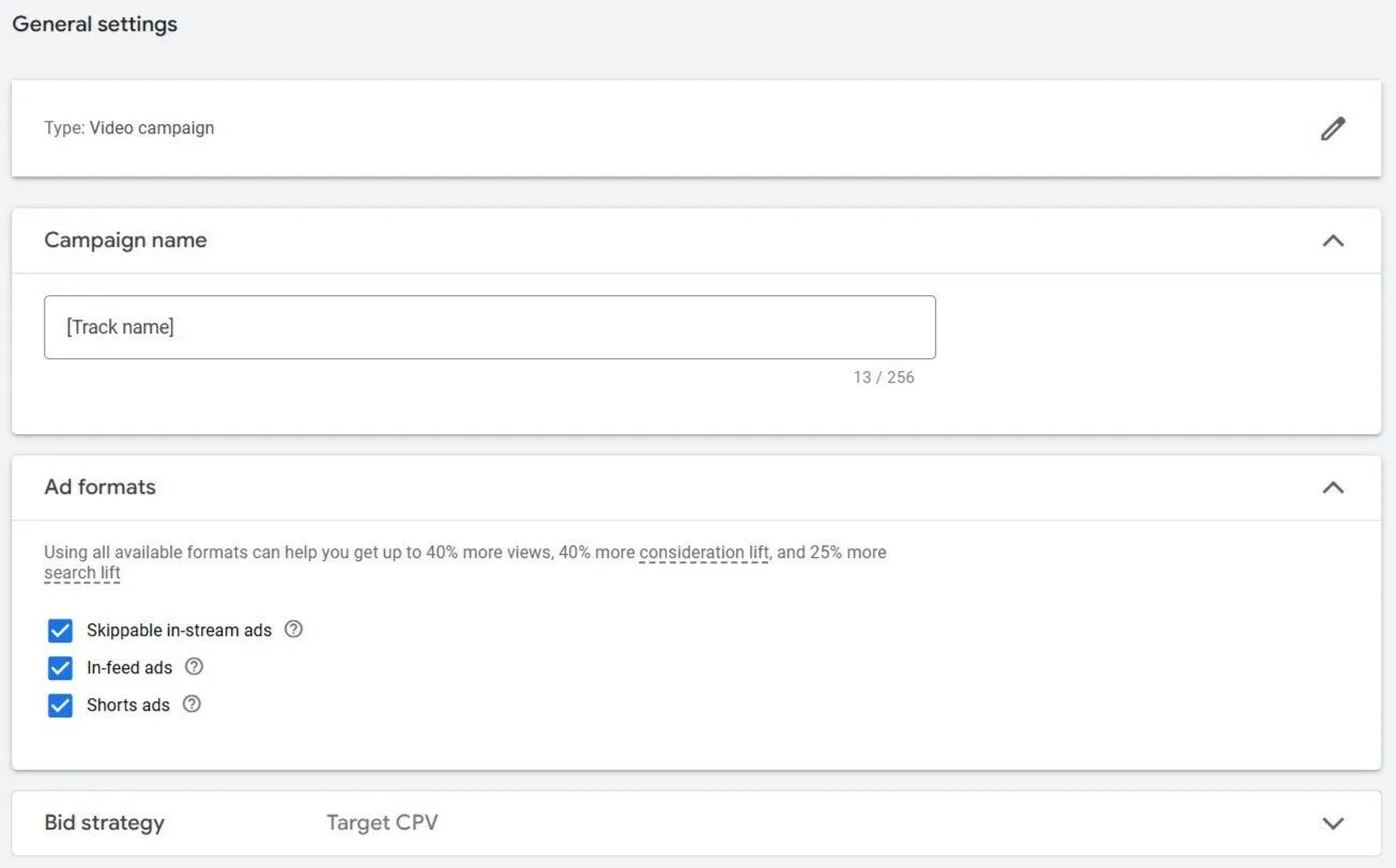 Youtube campaign general settings