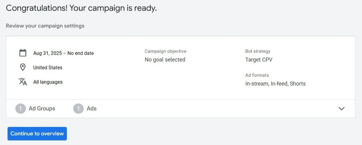 Youtube campaign settings overview