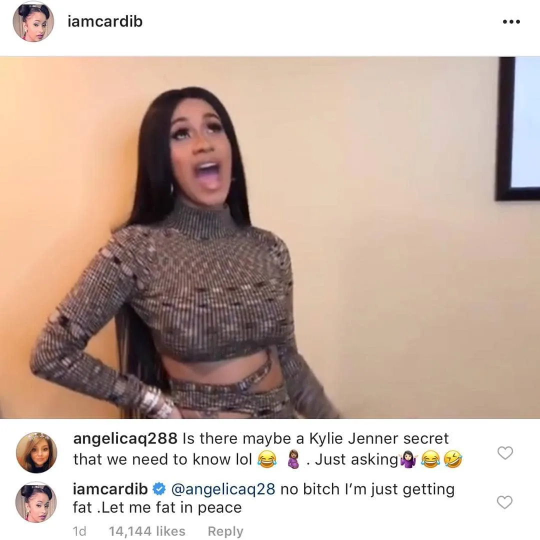 Cardi B responding to her fan in Instagram comments