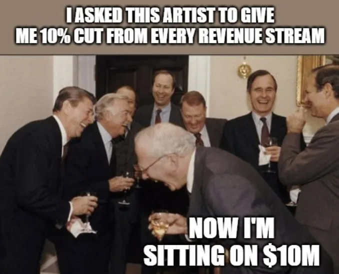 Gathering of elites celebration mocking at artists who work with labels