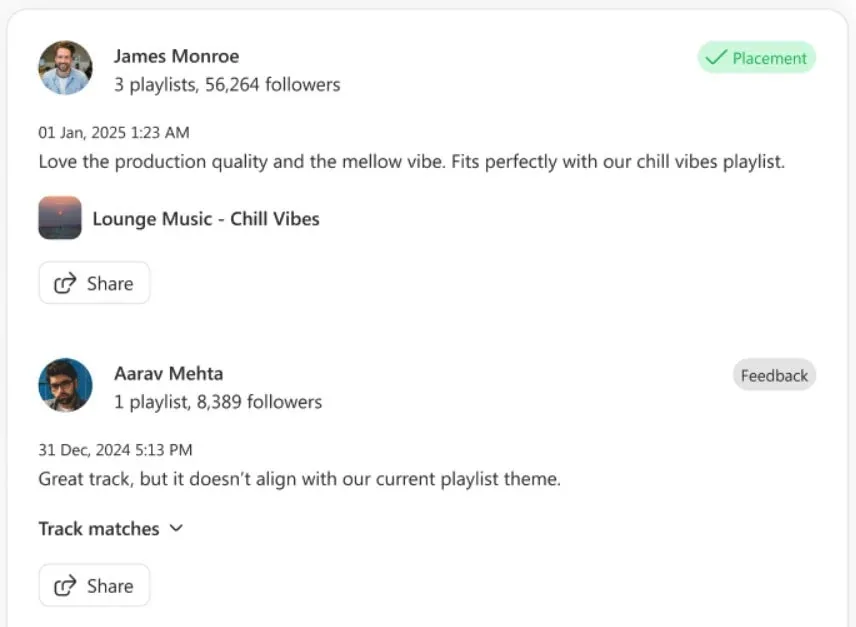 Getting feedback from SoundCampaign playlist curators