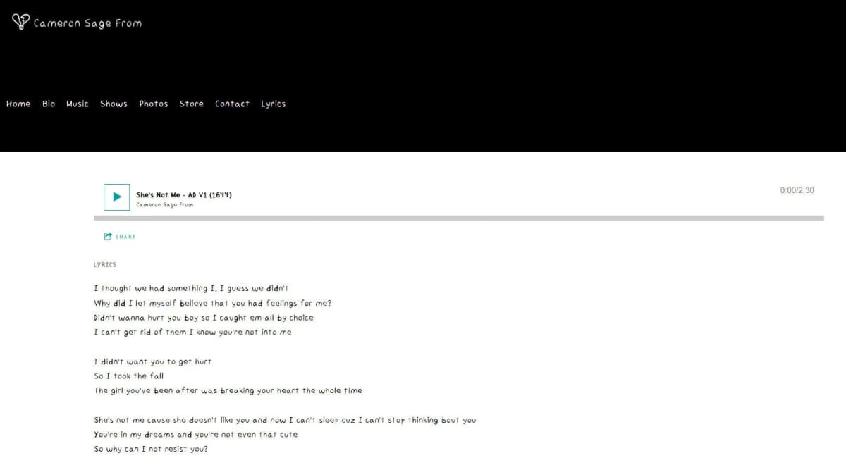 Lyrics on Cameron Sage website