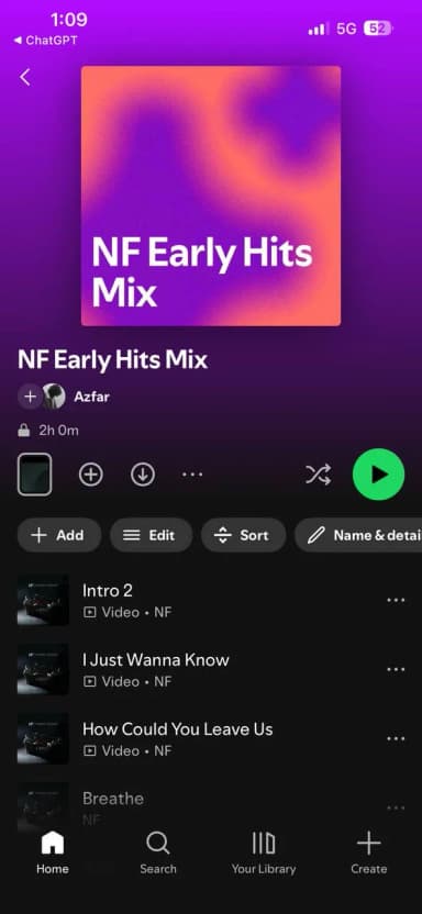 Result of spotify generated playlist via chatgpt