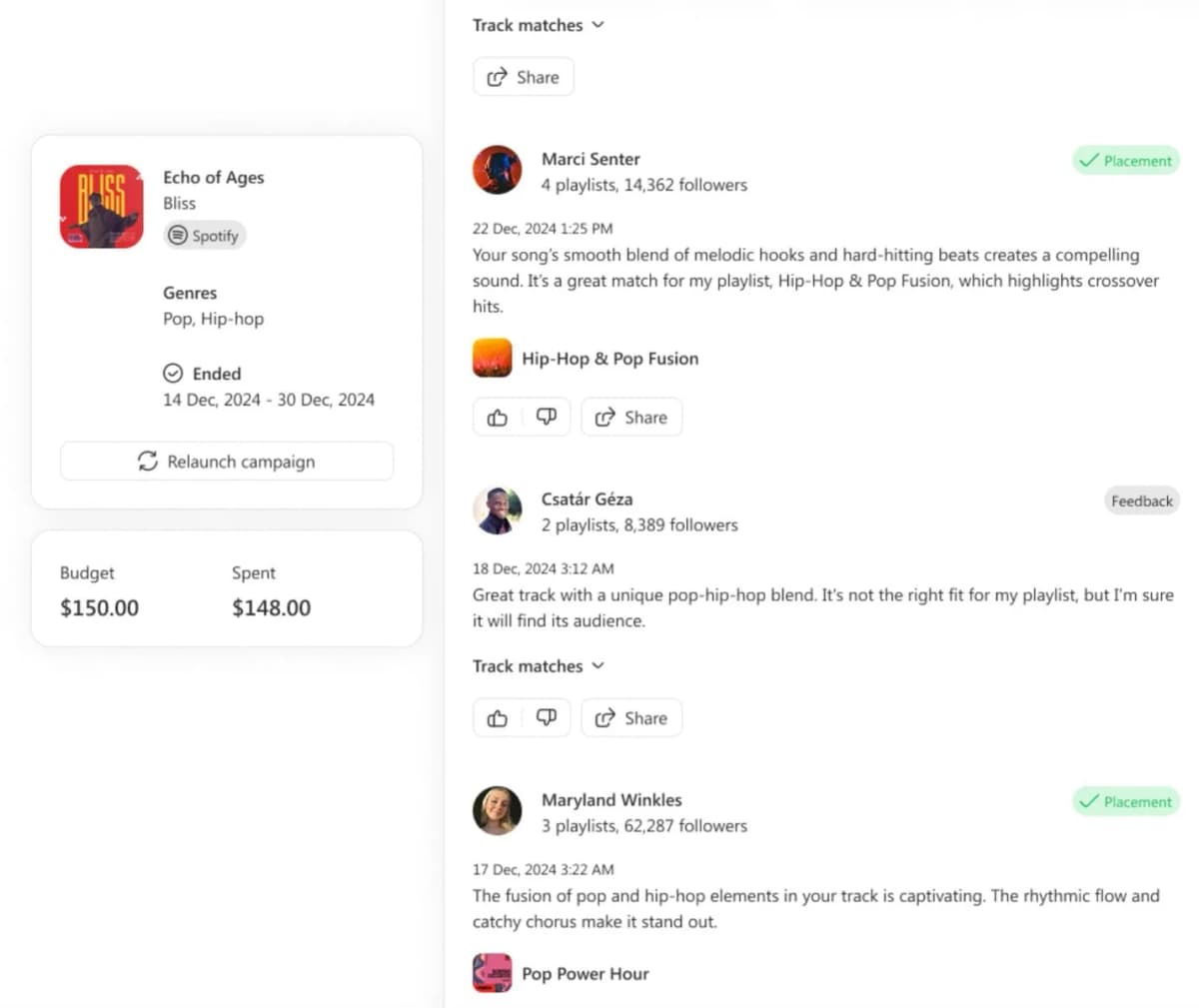 Soundcampaign artist feedback and camapign