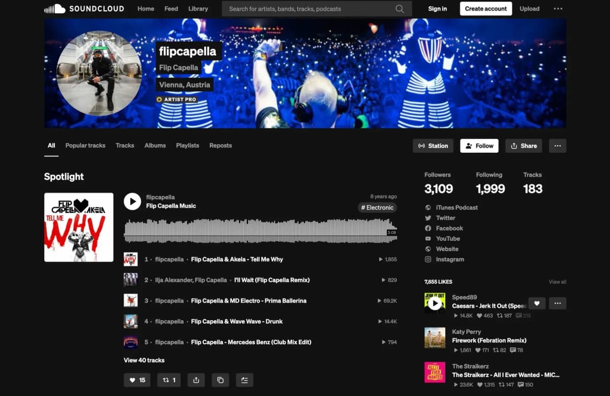Flip Capella's optimized SoundCloud artist profile