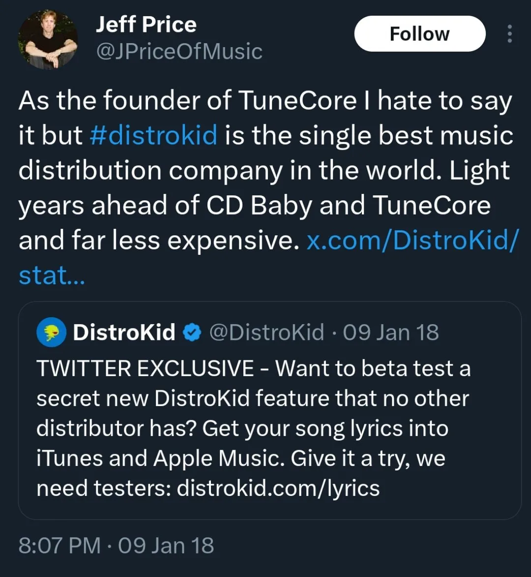 What Jeff Prince said about Distrokid